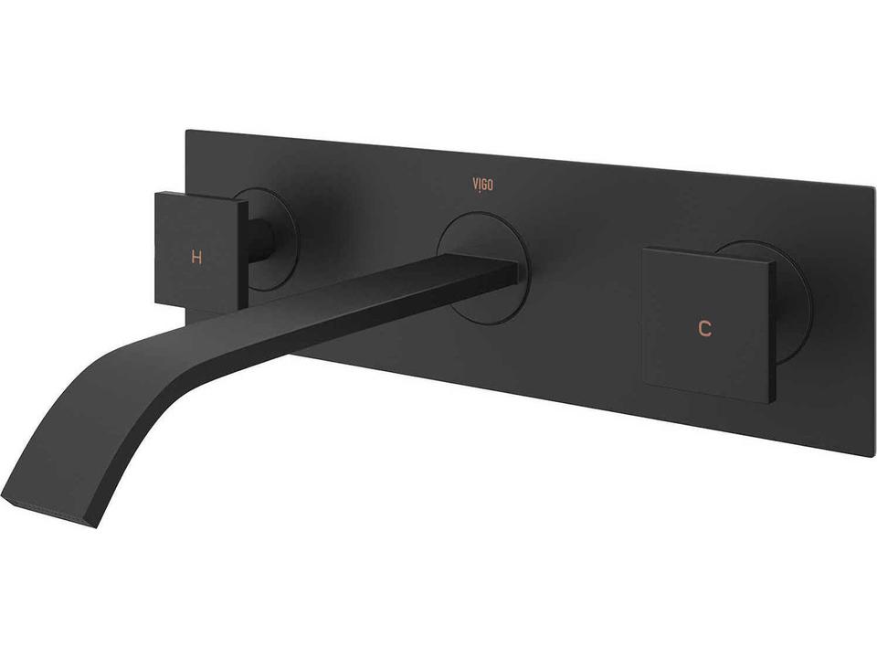 Titus Two Handle Wall Mount Bathroom Faucet in Matte Black with Brass Backplate