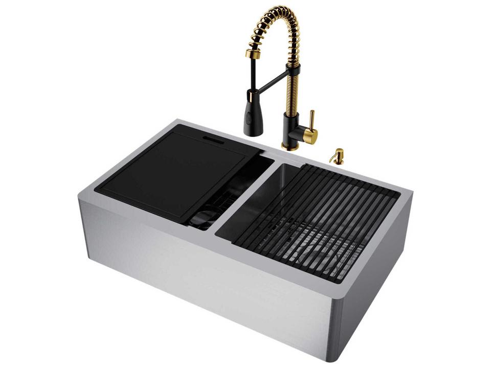 Oxford 33-Inch Double Basin Stainless Steel Farmhouse Sink and Brass Pull-Down Faucet