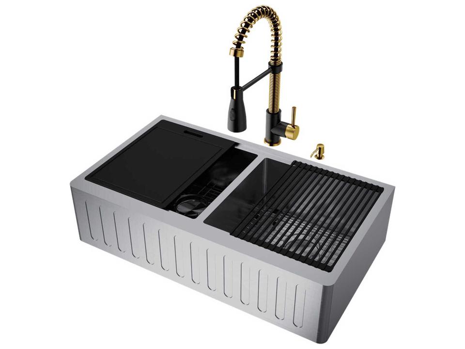 Oxford 36 Inch Stainless Steel Double-Bowl Farmhouse Kitchen Sink with Matte Gold and Matte Black Brant Faucet