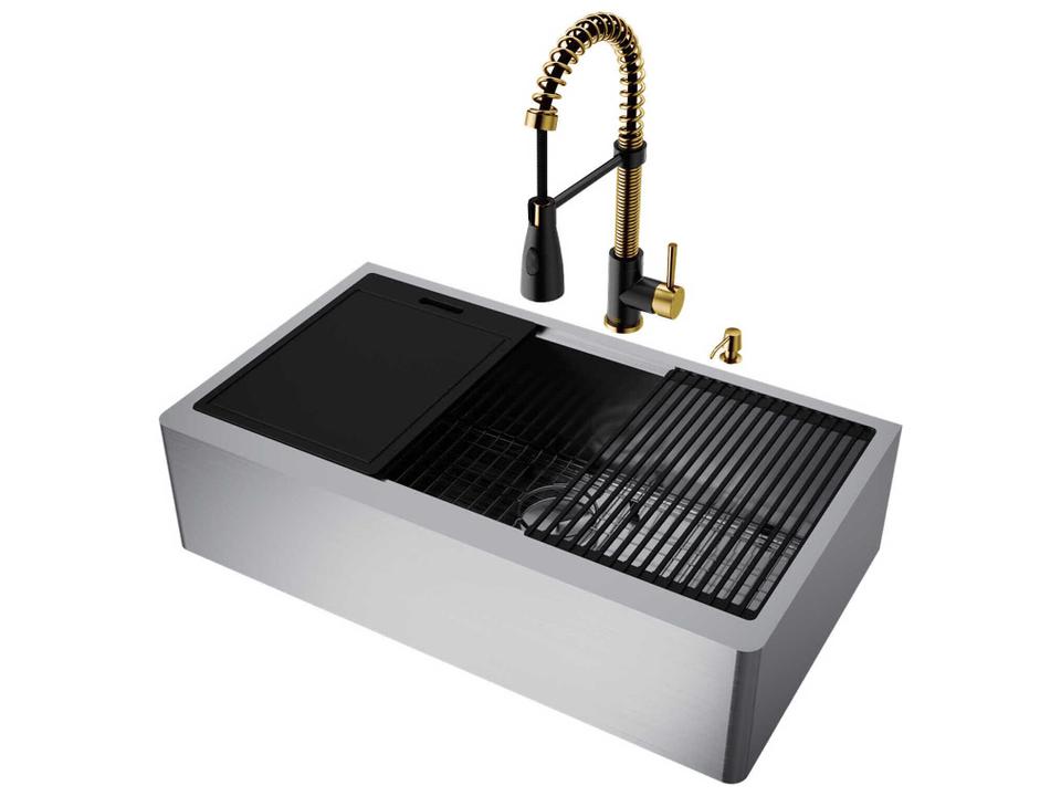 Oxford Stainless Steel 36" Rectangular Farmhouse Kitchen Sink with Matte Gold / Matte Black Brant Faucet