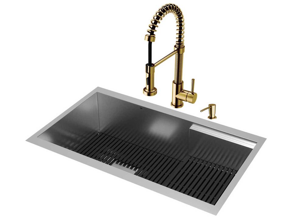 Hampton Stainless Steel Single Bowl Undermount Workstation Kitchen Sink with Matte Brushed Gold Faucet