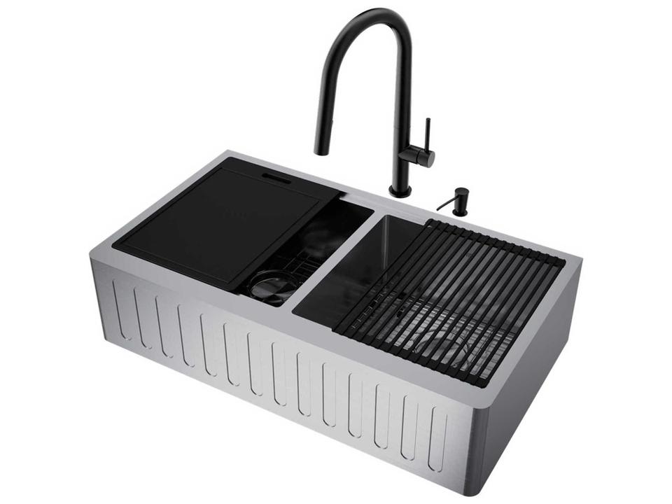 Oxford Stainless Steel 36" Rectangular Double-Bowl Undermount Slotted-Front Farmhouse Kitchen Sink with Matte Black Pull-Down Sprayer Greenwich Faucet and Soap Dispenser