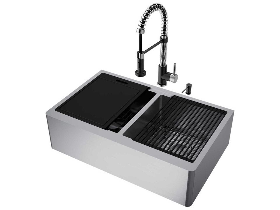 Oxford Edison 33-Inch Double Bowl Farmhouse Kitchen Sink Workstation with Matte Black Faucet