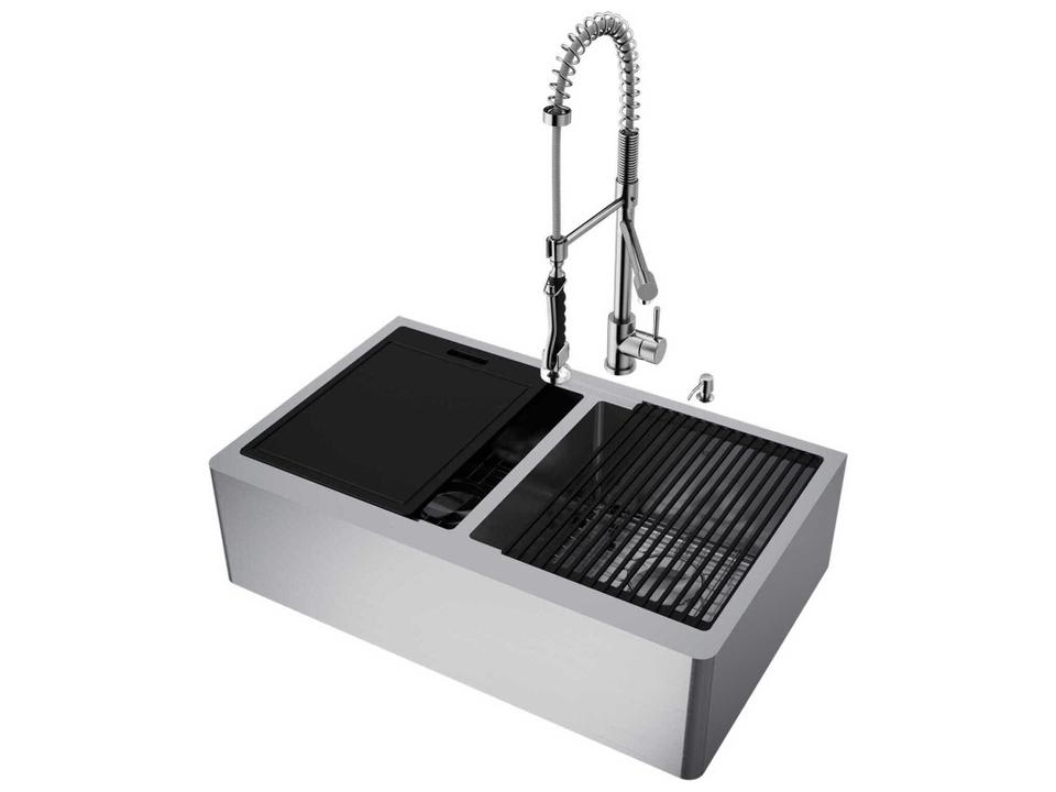 Oxford 33-Inch Stainless Steel Double Basin Farmhouse Kitchen Sink Workstation with Faucet and Accessories