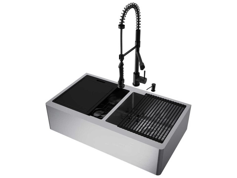 Oxford 36 Inch Farmhouse Double Basin Stainless Steel Kitchen Sink With Matte Black Pull-Down Faucet