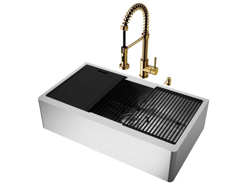 Oxford 36-Inch Stainless Steel Farmhouse Workstation Kitchen Sink with Matte Brushed Gold Faucet