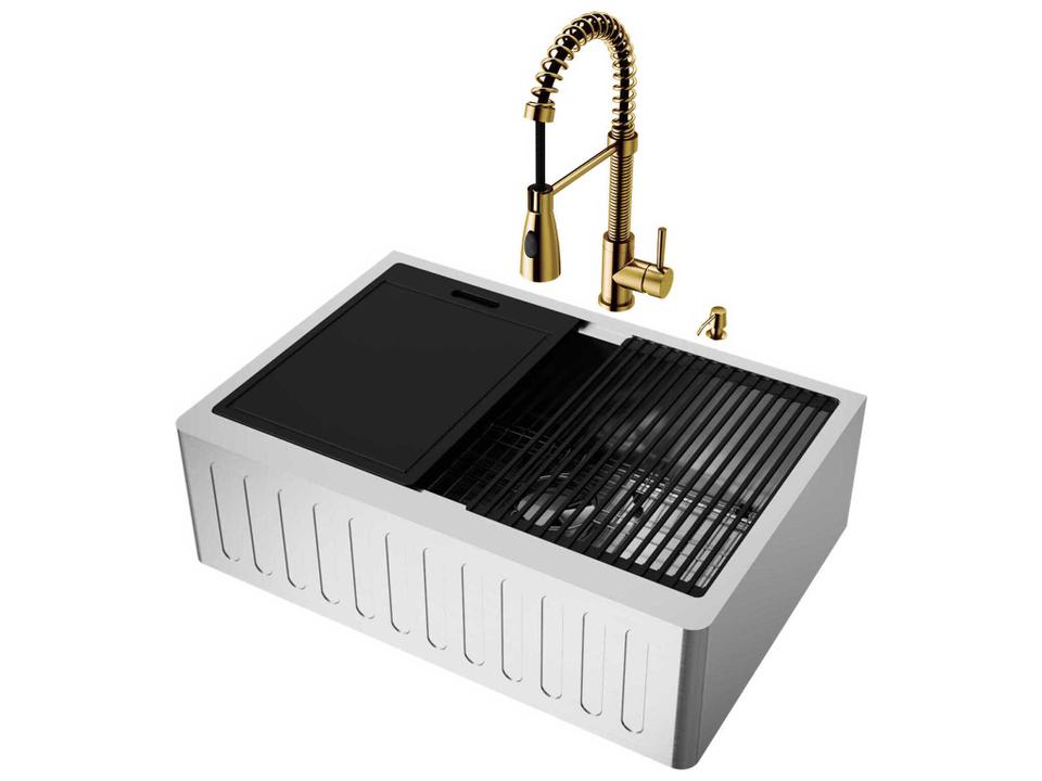Oxford 30-Inch Stainless Steel Farmhouse Sink with Brant Pull-Down Faucet in Matte Gold