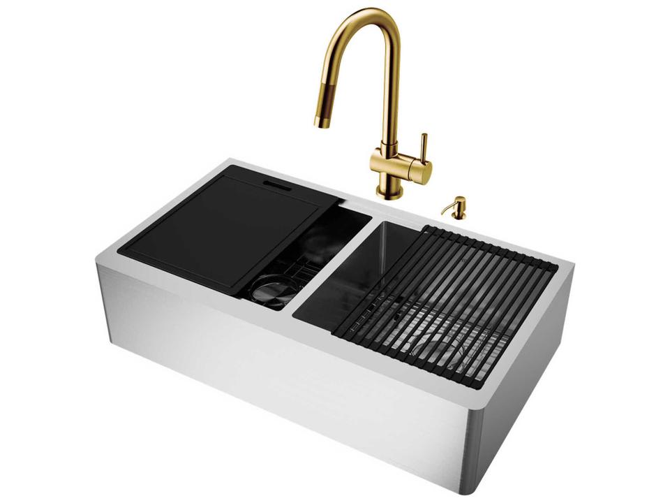 Oxford Stainless Steel 36" Rectangular Double-Bowl Undermount Flat-Front Farmhouse Kitchen Sink with Matte Gold Pull-Down Sprayer Gramercy Faucet, Soap Dispenser and Grids