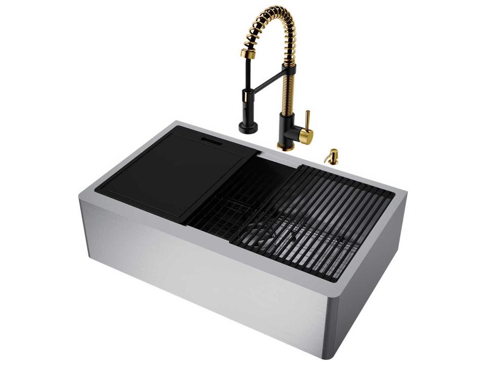 Oxford 33-Inch Farmhouse Kitchen Sink with Matte Gold and Matte Black Pull-Down Faucet