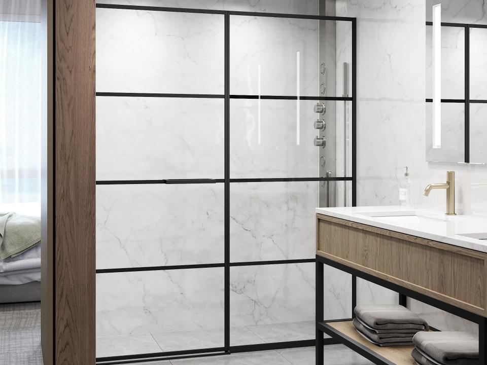 Meridian 60-Inch Hinged Shower Door in Clear Grid Glass and Matte Black