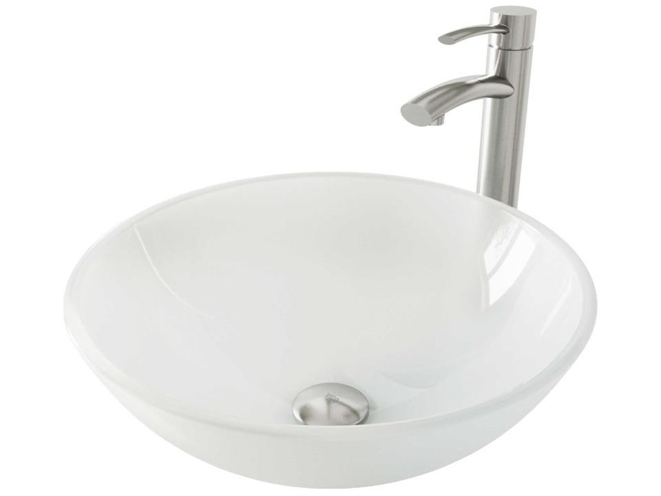 White Frost Glass Round Vessel Bathroom Sink with Milo Faucet and Brushed Nickel Drain