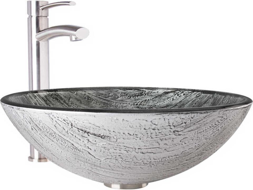Titanium Glass Round Vessel Bathroom Sink with Milo Faucet in Brushed Nickel