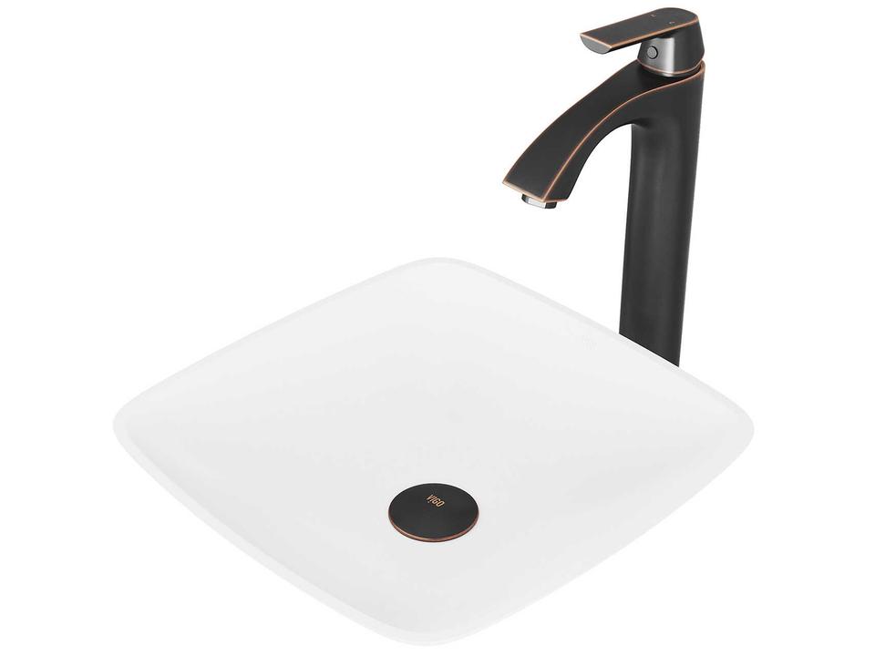 Hyacinth Matte White Square Vessel Bathroom Sink With Linus Faucet in Antique Rubbed Bronze