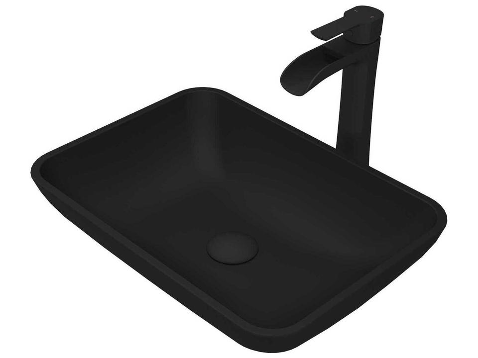 Sottile Rectangular Matte Shell Glass Vessel Sink Set With Niko Matte Black Faucet and Pop-Up Drain