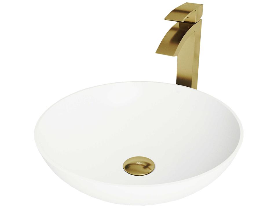 Lotus 16-Inch Round Vessel Bathroom Sink and Duris Faucet in Matte Gold and Matte White