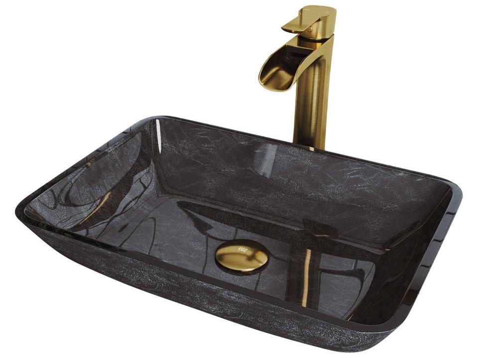 Onyx Gray 18" Rectangular Vessel Bathroom Sink with Matte Brushed Gold 1-Lever Niko Faucet and Pop-Up Drain