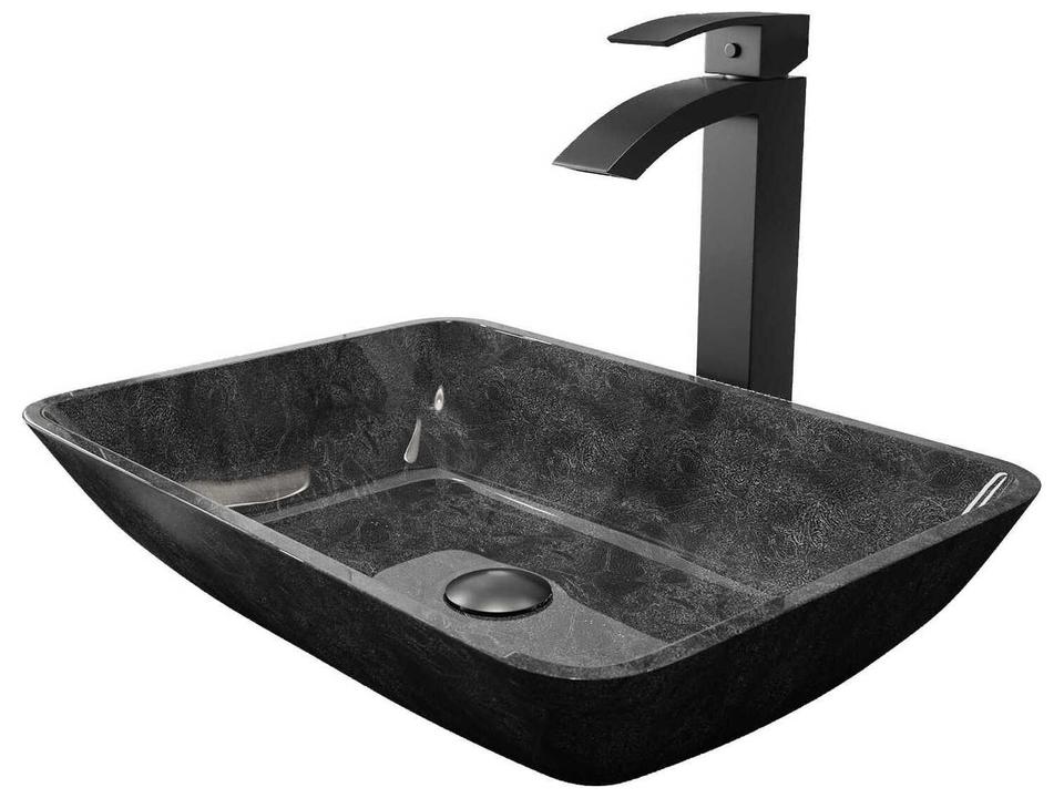 Gray Onyx Glass Vessel Bathroom Sink Set with Matte Black Faucet