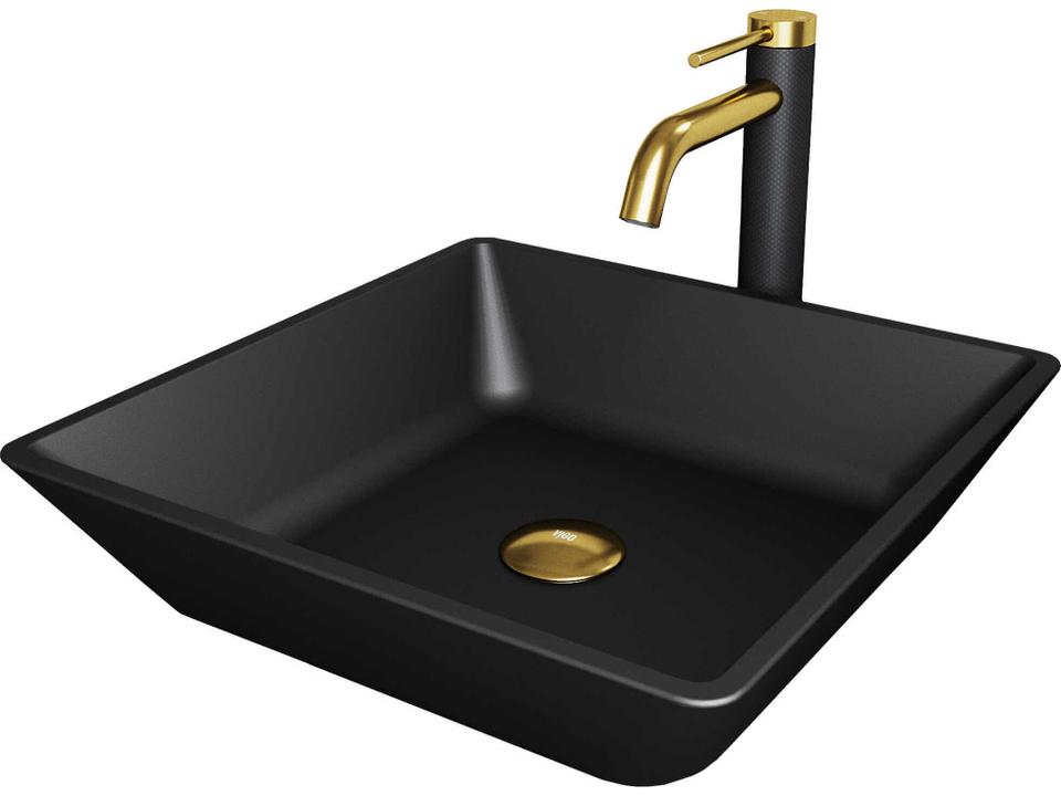 Roma Matte Shell Rectangular Vessel Bathroom Sink with Lexington Faucet in Matte Gold and Matte Black