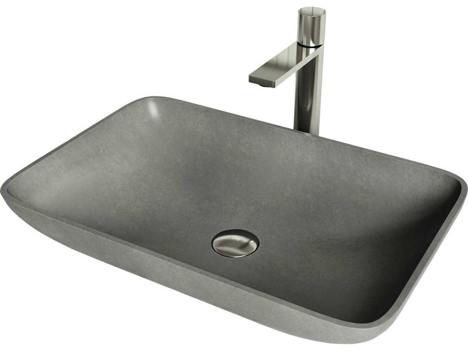 Concreto Stone Rectangular Vessel Bathroom Sink with Gotham Faucet and Pop-Up Drain