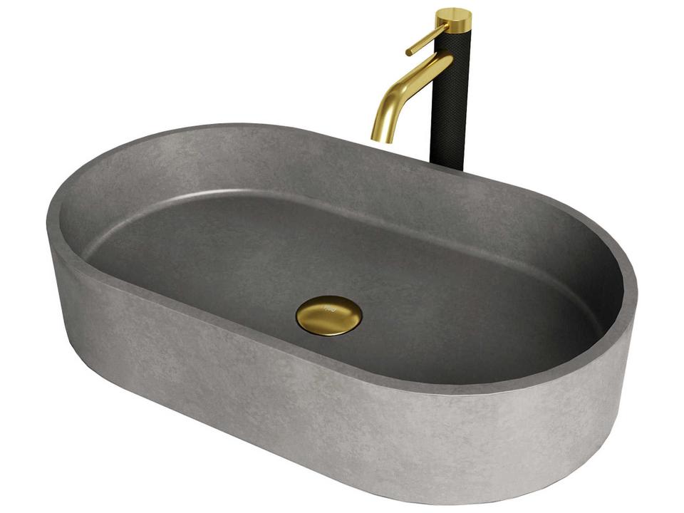 Concreto Stone Oval Vessel Bathroom Sink Set With Lexington Faucet And Pop-Up Drain Matte Brushed Gold