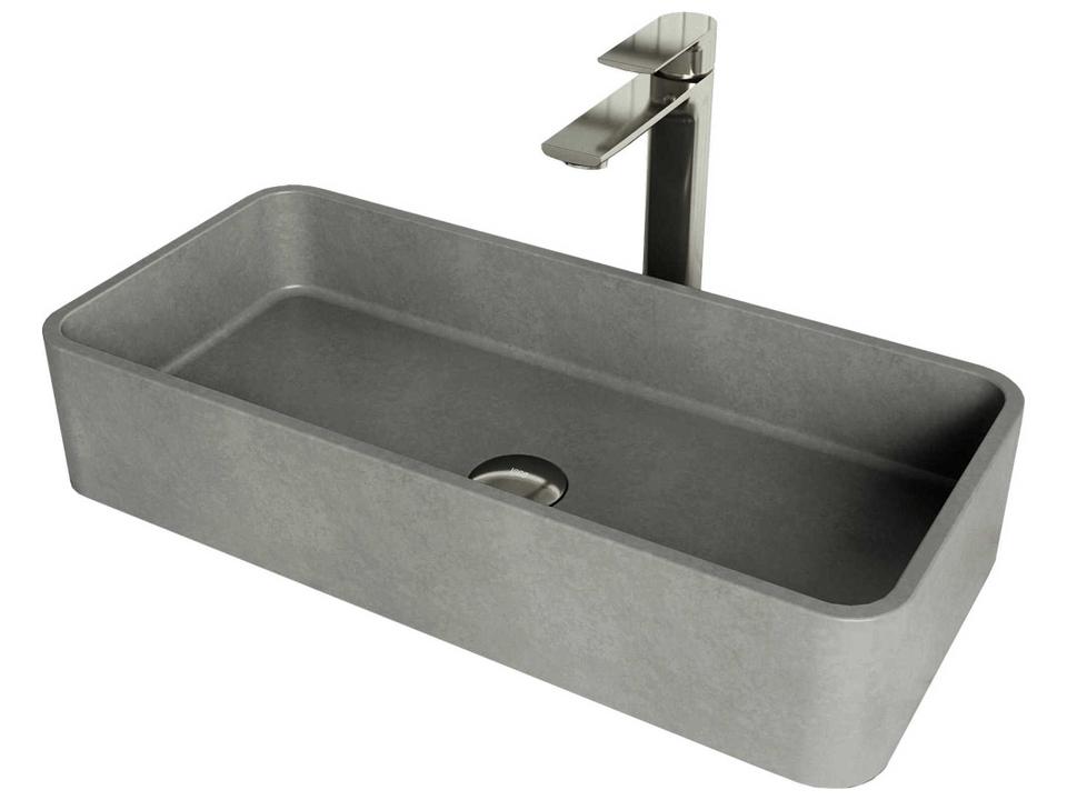 Palazzo Gothic Rectangular Concrete Vessel Bathroom Sink Faucet Combo in Brushed Nickel