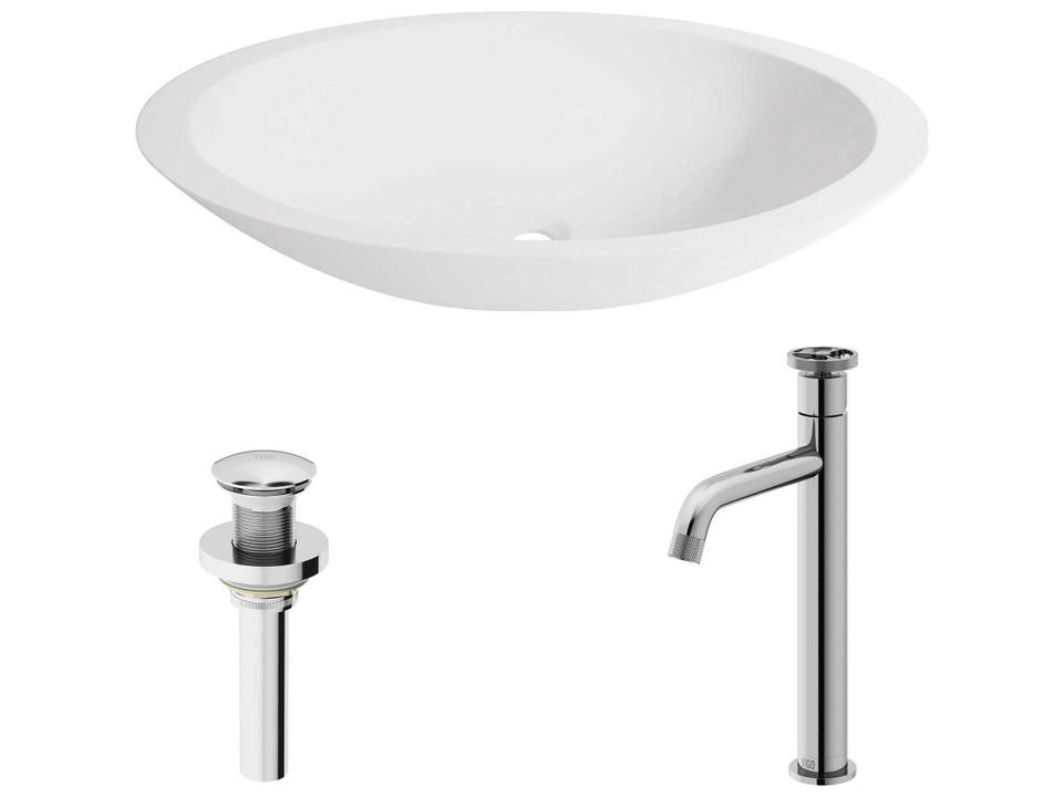Wisteria Oval Matte Stone Vessel Bathroom Sink with Chrome Cass Faucet