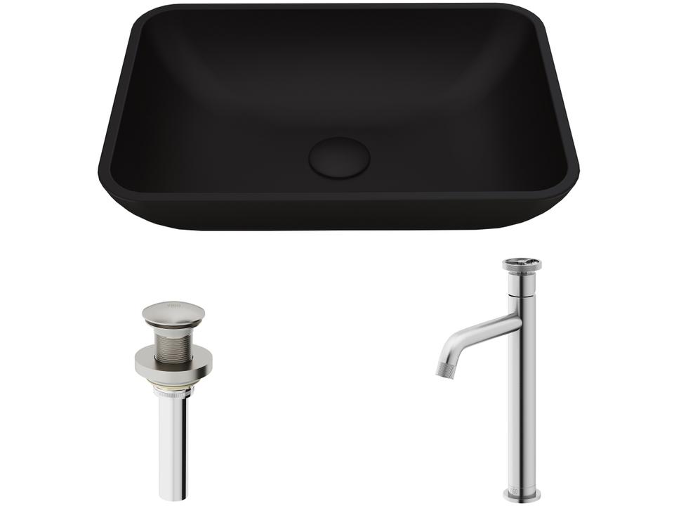 Sottile Black Glass Vessel Bathroom Sink - Pop-Up Drain in Brushed Nickel