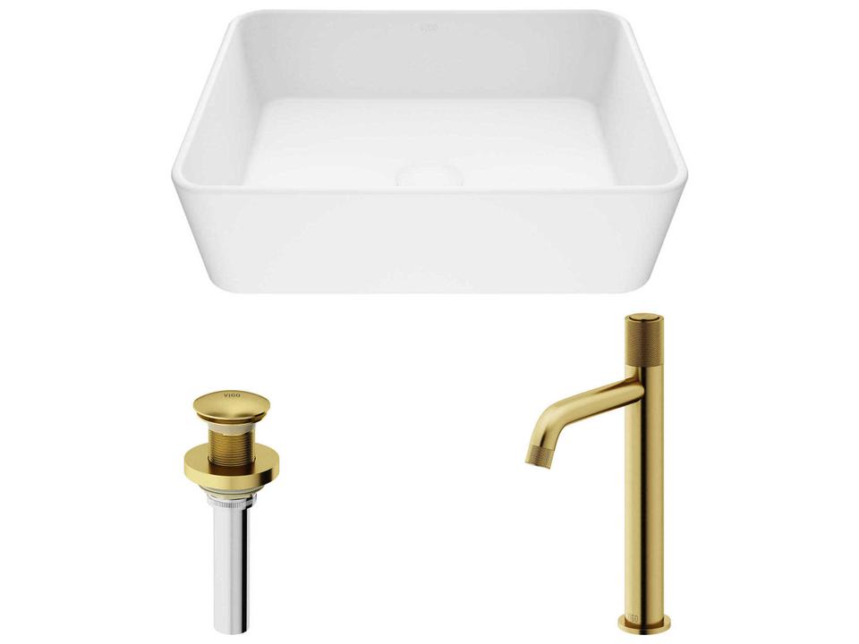 Marigold Matte Stone Rectangular Vessel Bathroom Sink Set with Apollo Faucet in Matte Brushed Gold