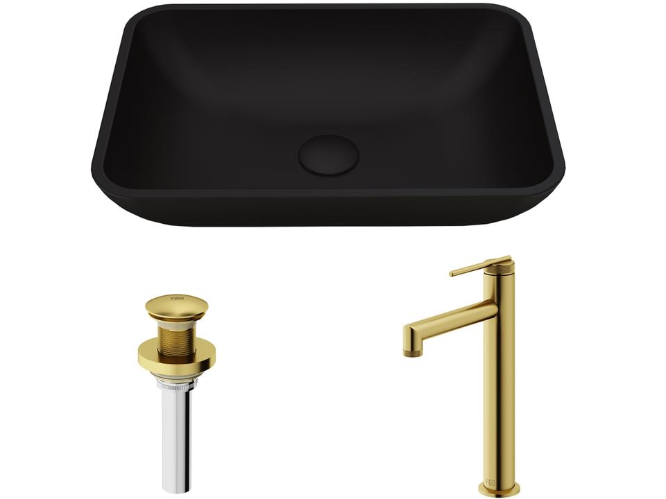 Sottile Rectangular Vessel Bathroom Sink and Sterling Faucet Combo in Matte Black and Brushed Gold
