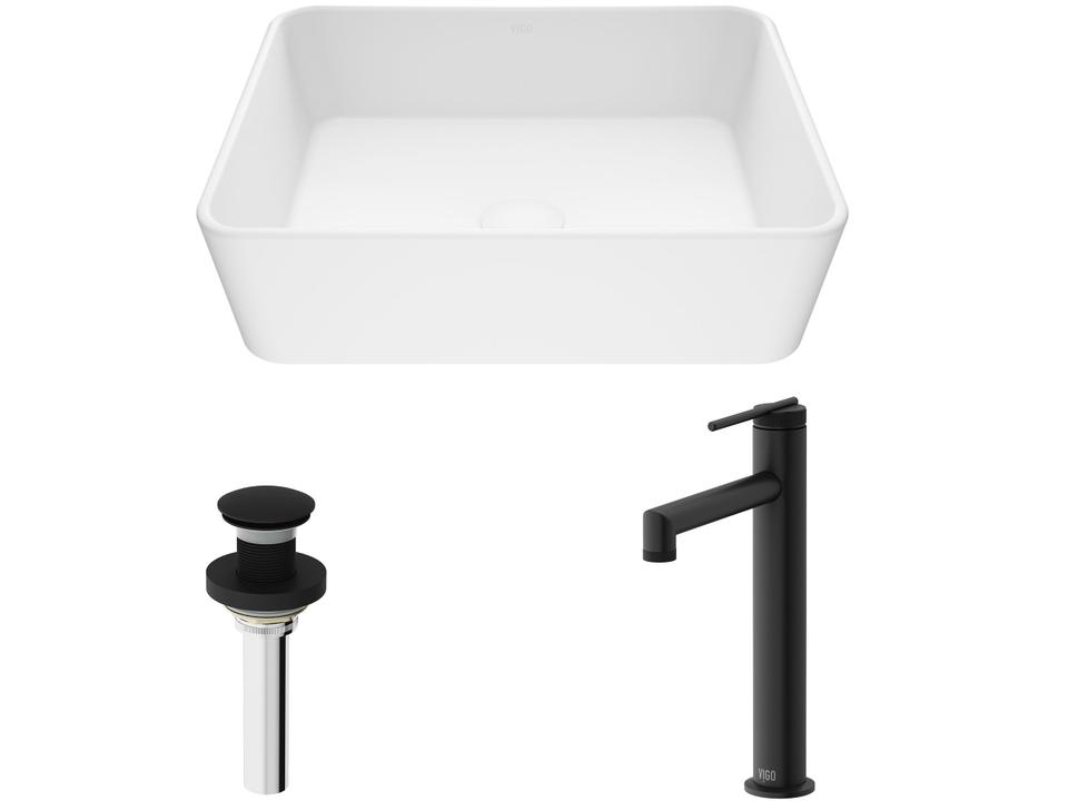 Marigold Matte Stone Rectangular Vessel Bathroom Sink with Sterling Matte Black Faucet