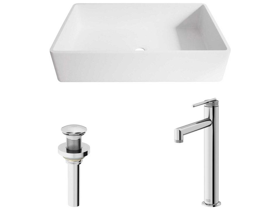 Magnolia Rectangular Matte Stone Vessel Bathroom Sink and Sterling Faucet in Chrome