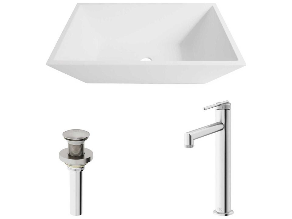 Vinca Rectangular Vessel Bathroom Sink Set in Matte Stone with Brushed Nickel Faucet