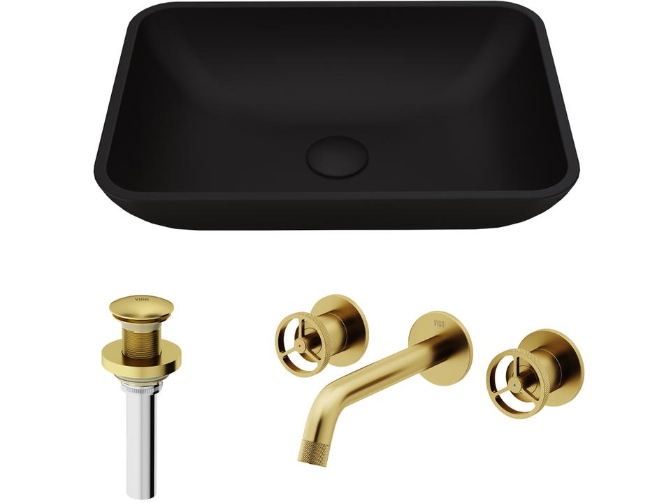 Sottile Black Glass Rectangular Vessel Bathroom Sink Set with Matte Brushed Gold Faucet