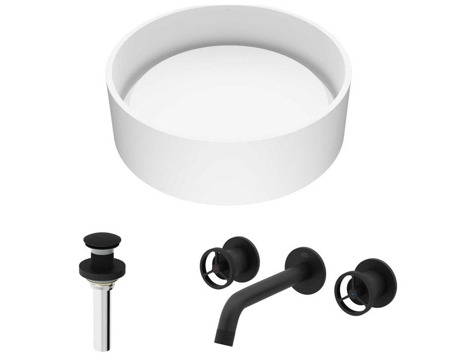 Anvil Matte Stone Round Vessel Bathroom Sink and Cass Wall Mount Faucet Combo in Matte Black