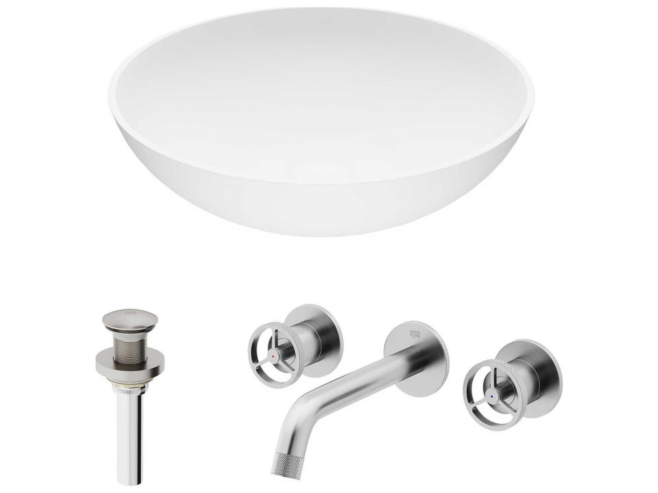 Lotus Matte Stone Round Vessel Sink with Cass Wall-Mount Faucet in Matte Brushed Gold