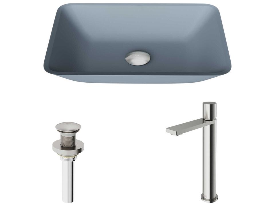 Sottile Rectangular Blue Glass Vessel Bathroom Sink with Gotham Faucet and Brushed Nickel Drain