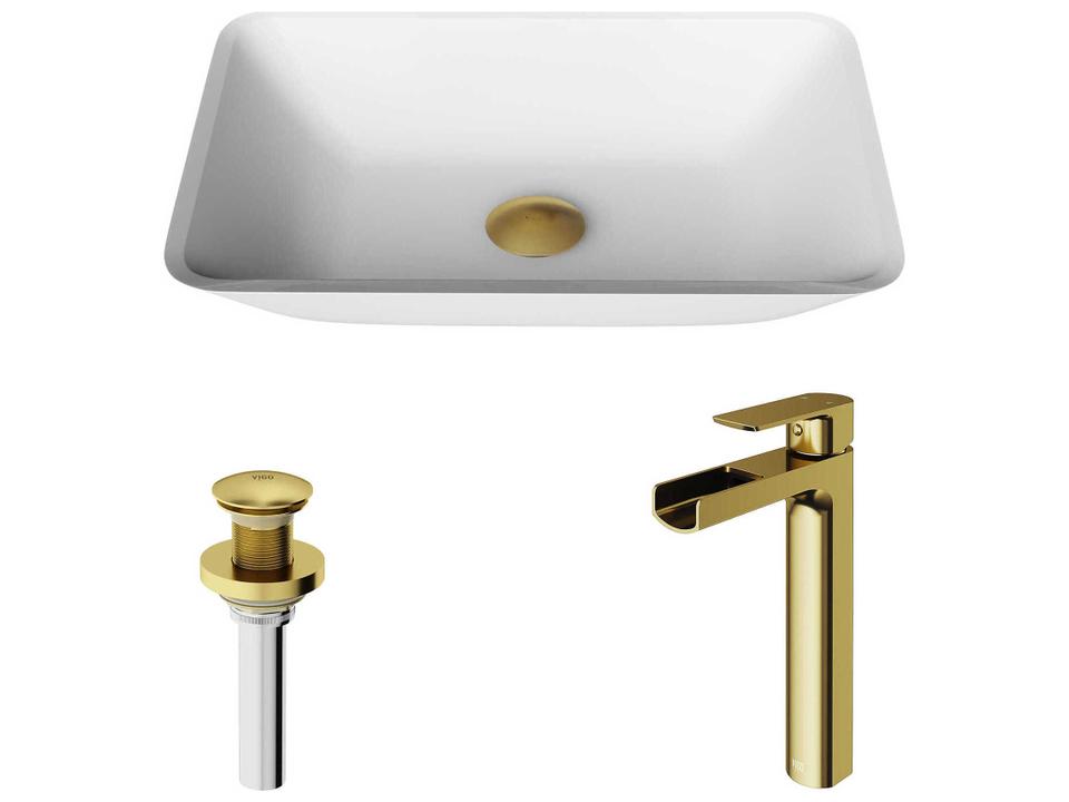 Sottlie Rectangular Glass Vessel Sink and Amada Faucet in Matte Brushed Gold