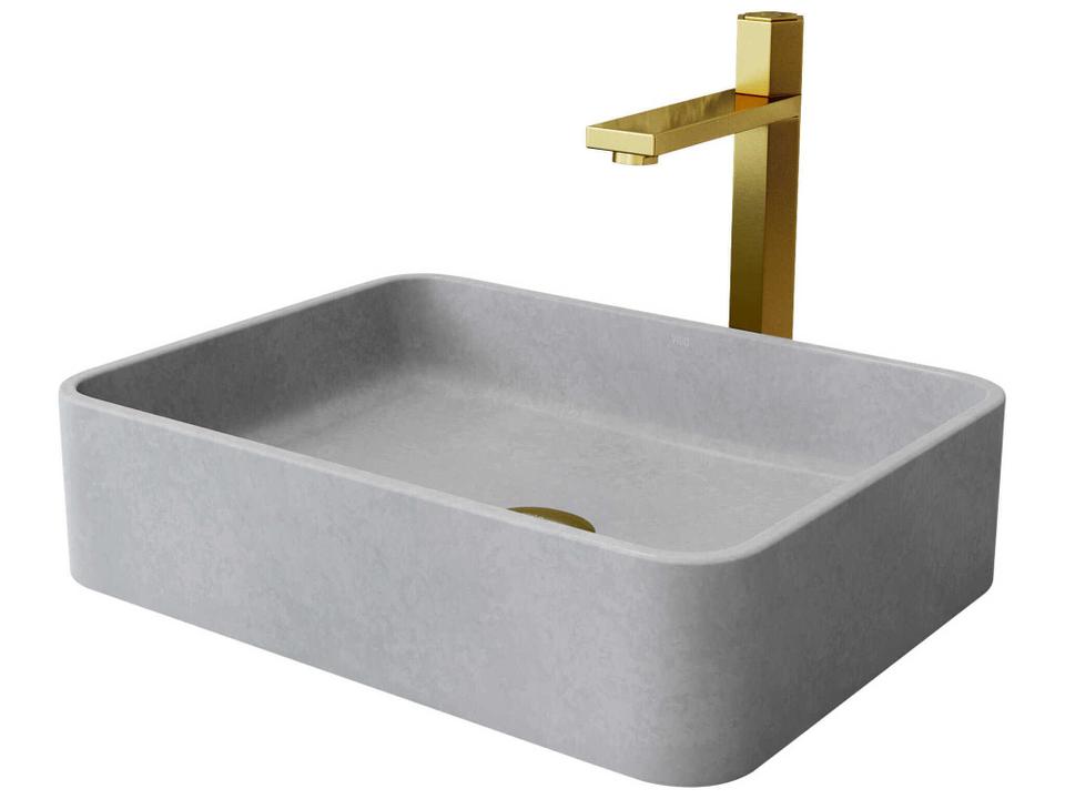 Nova Rectangular Concreto Stone Bathroom Sink with Vessel Faucet in Matte Gold