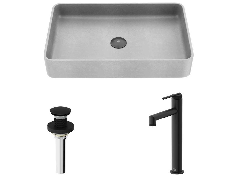 Sterling Rectangular Bathroom Sink with Matte Black Vessel Faucet in Stone Composite