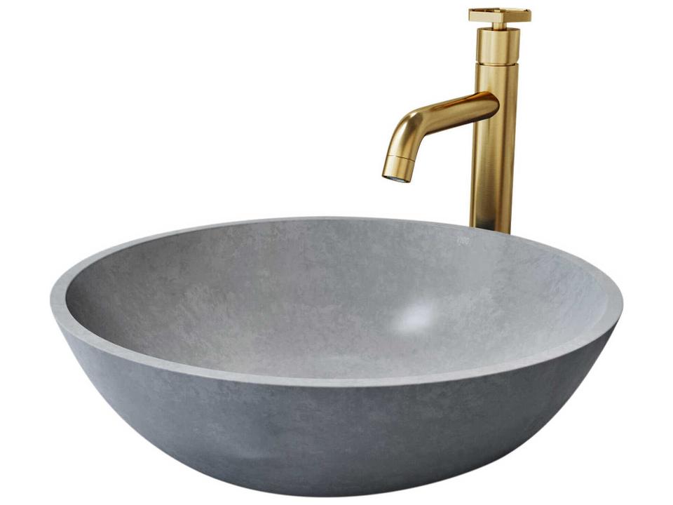 Ruxton Round Bathroom Sink with Vessel Faucet in Matte Brushed Gold and Concreto Stone