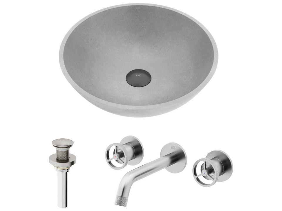 Cass 16 Inch Gray Concrete Vessel Sink Combo with Wall Mount Faucet in Brushed Nickel