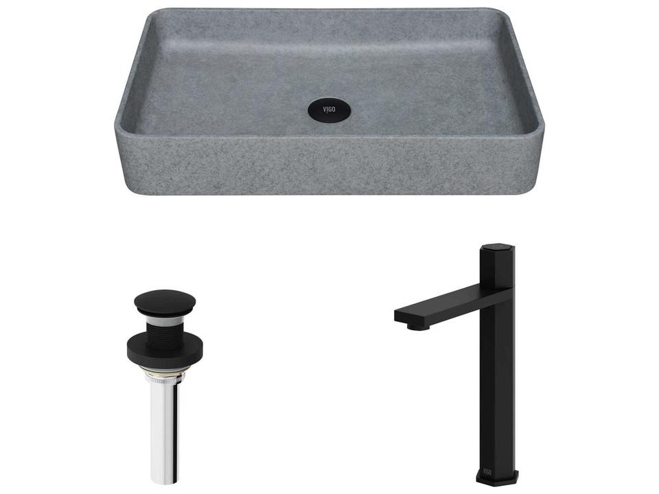 Nova Rectangular Concreto Stone Bathroom Vessel Sink with Matte Black Brass Faucet