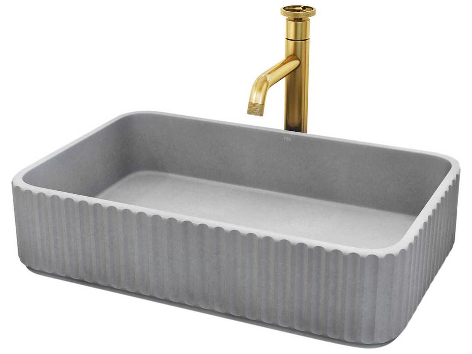 Windsor Rectangular Concreto Stone Vessel Sink and Brass Cass Faucet Combo
