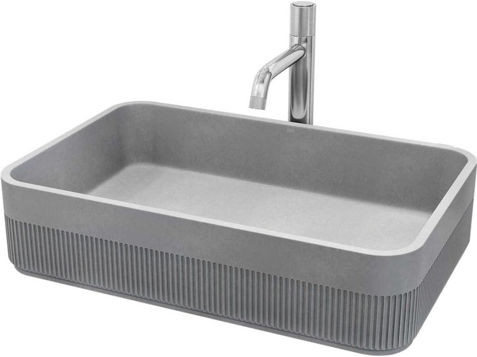 Cypress Rectangular Concreto Stone Vessel Sink and Faucet Combo with Chrome Faucet and Pop-Up Drain