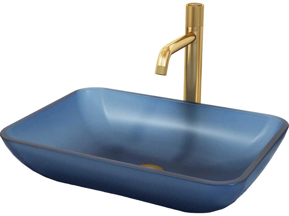 Sottile 18-Inch Rectangular Glass Vessel Bathroom Sink with Apollo Faucet in Matte Brushed Gold