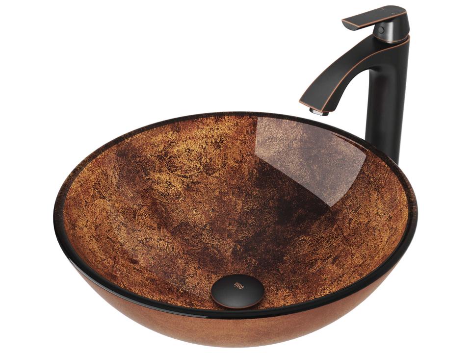 Russet Round Vessel Bathroom Sink with Linus Faucet and Pop-Up Drain