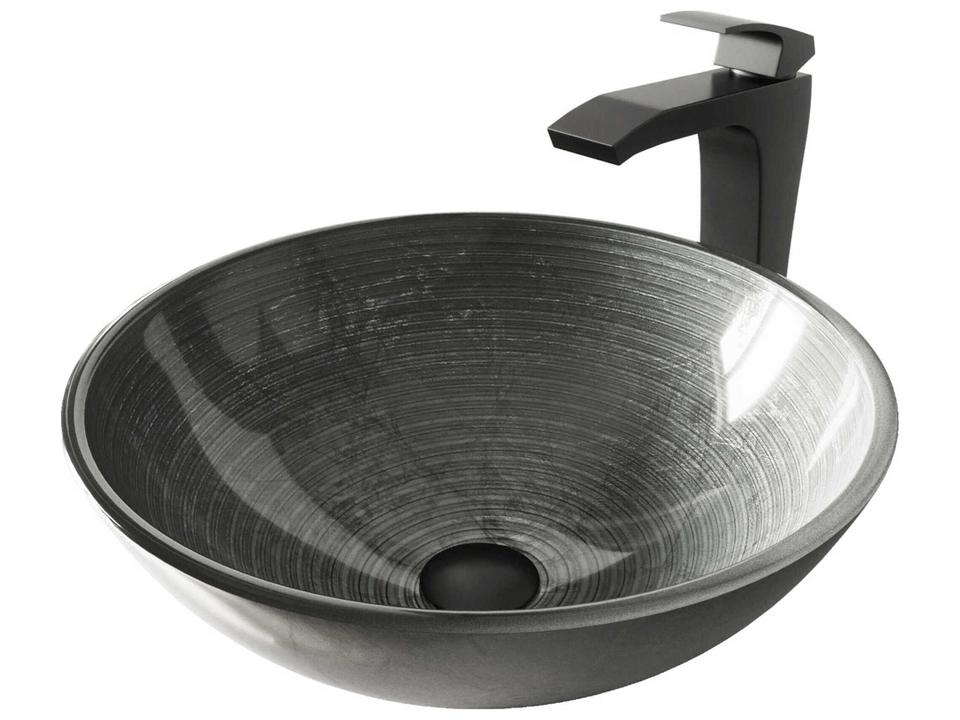 Simply Silver 17" Round Vessel Bathroom Sink with Matte Black 1-Lever Blackstonian Faucet and Drain