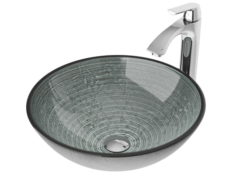 Simply Silver Round Glass Vessel Bathroom Sink with Tempered Glass and Silver Metallic Finish