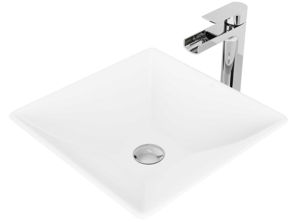 Hibiscus Matte White 16" Square Vessel Bathroom Sink with Chrome 1-Lever Amada Faucet and Drain