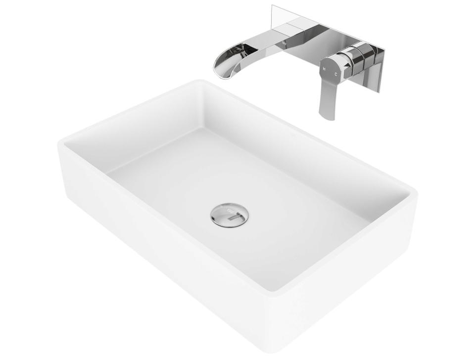 Magnolia Matte White Rectangular Vessel Bathroom Sink Set with Chrome Wall Mounted Faucet